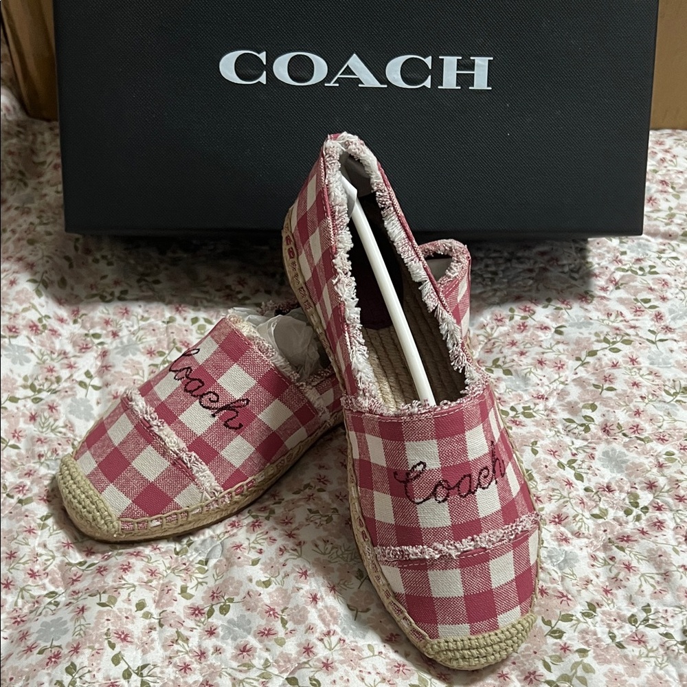 Coach Pink and White Gingham Espadrille Slip-Ons